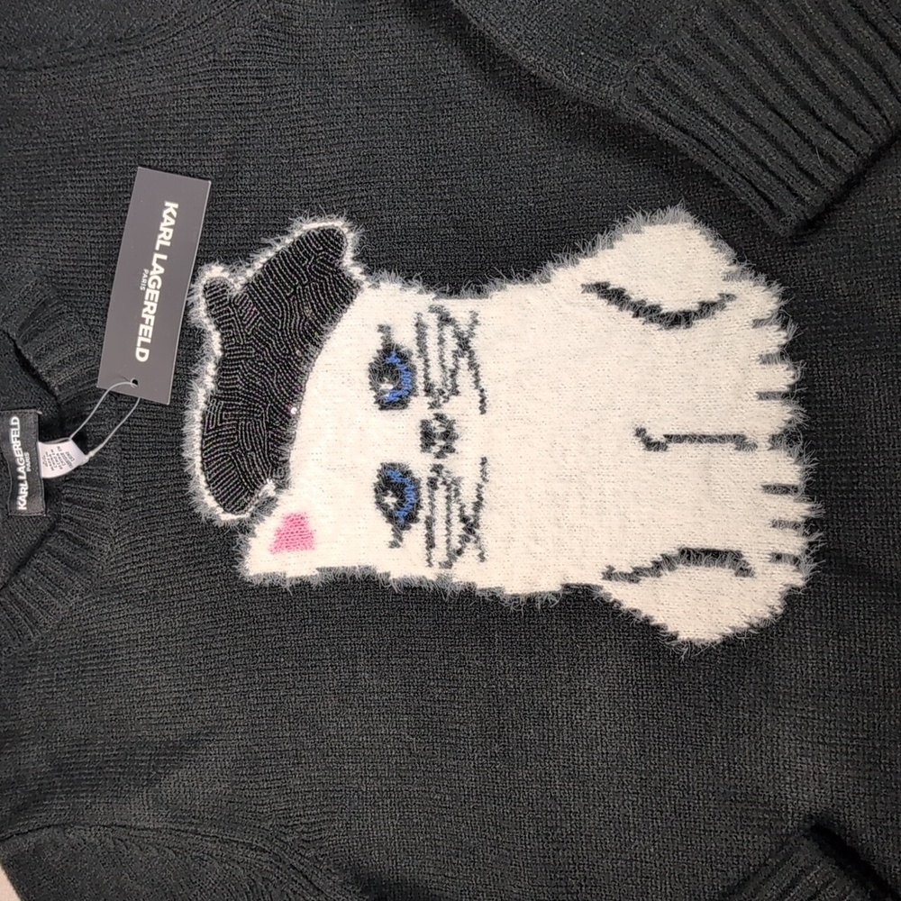 Karl Lagerfeld Paris Choupette Black Sweater Cat with Sequined Beret Size Large - Picture 2 of 9